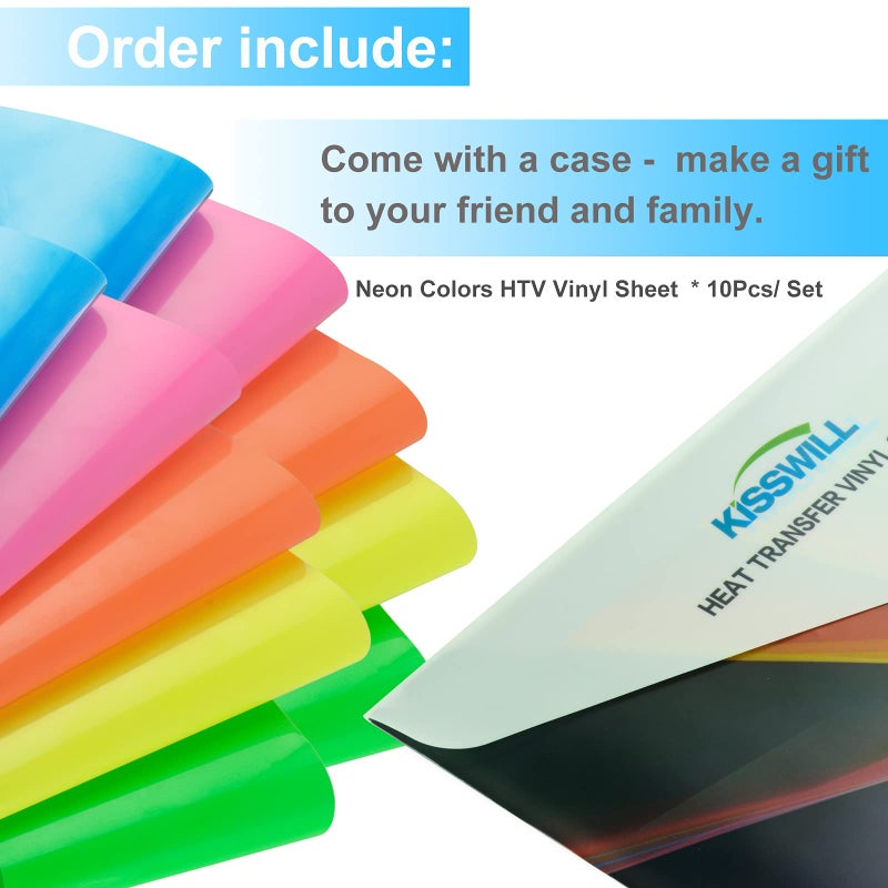 KISSWILL Neon HTV Heat Transfer Vinyl - 5 Colors 10 Pack 12"x10" Neon Color HTV Iron on Vinyl, Easy to Weed HTV Vinyl Compatible with Silhouette Cameo (Neon Green/Yellow/Pink/Blue/Orange) - Image 5